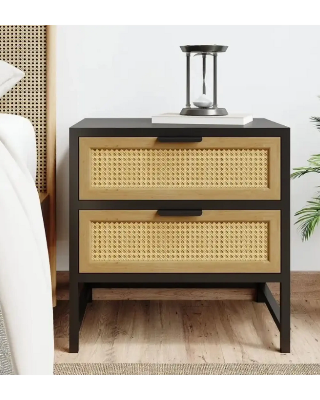 Modern Wood Nightstand Rattan Nightstand with 2 Drawers Storage - Indiga Furniture & Interiors