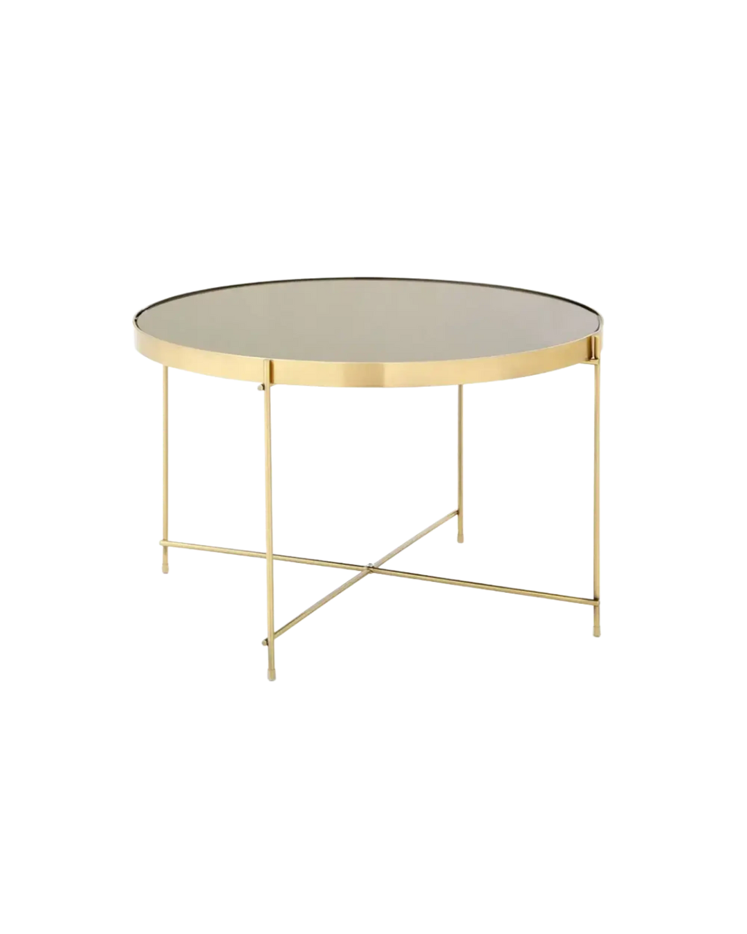 circular coffee table with gold base and black mirror