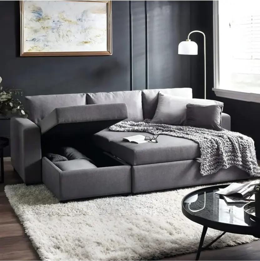 Light Grey Linen Sofa Bed with Storage – Angel 3-Seater Sofa Bed