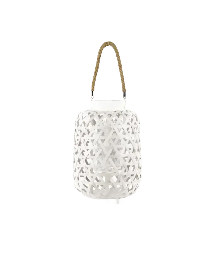 Bamboo Round Lantern Triangle Cutouts and Hemp Rope Handle Washed Finish White My Store