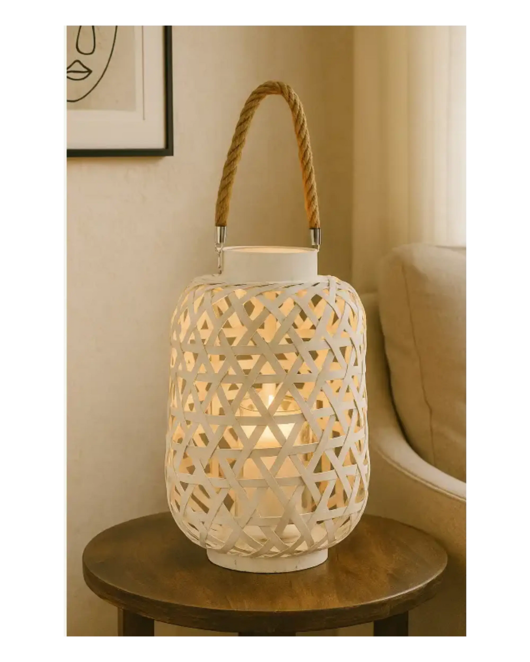 Bamboo Round Lantern Triangle Cutouts and Hemp Rope Handle Washed Finish White My Store