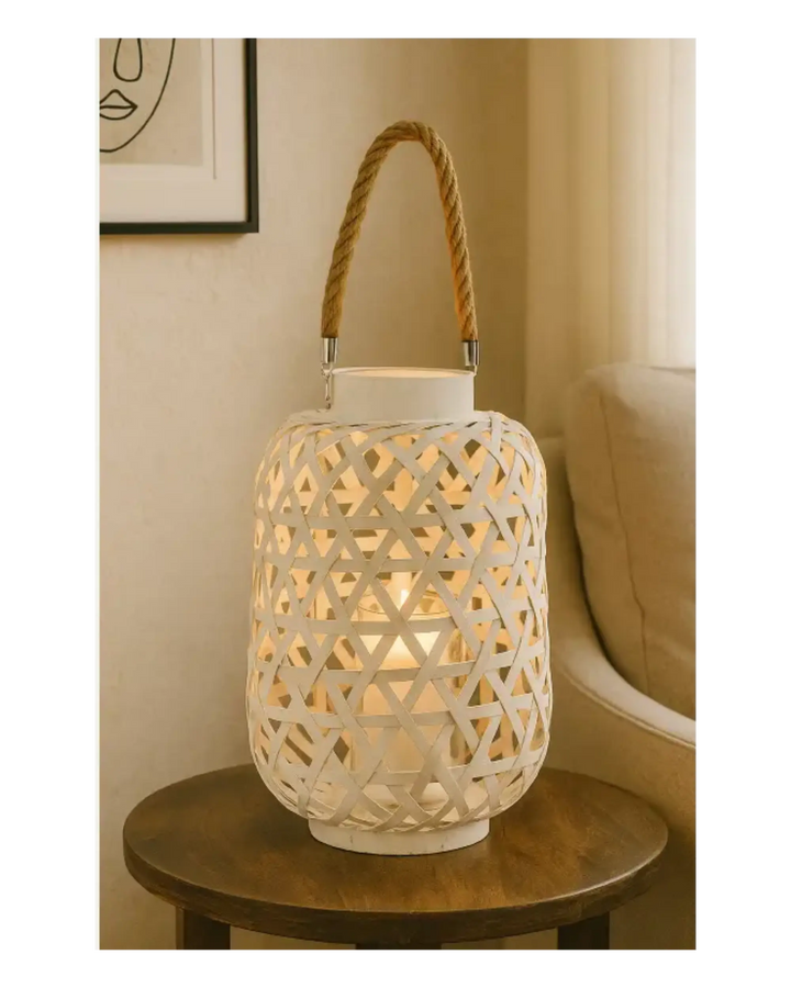 Bamboo Round Lantern Triangle Cutouts and Hemp Rope Handle Washed Finish White My Store