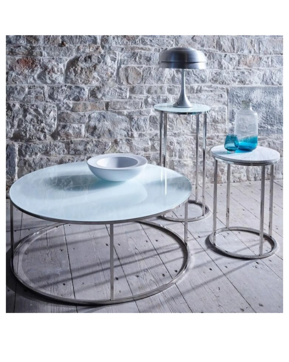 Kensal Circular Coffee Table - White Glass Top & Brushed Brass Base Gillmore Space