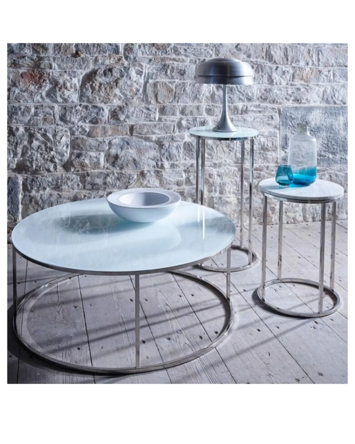 Kensal Circular Coffee Table - White Glass Top &amp; Brushed Brass Base Gillmore Space