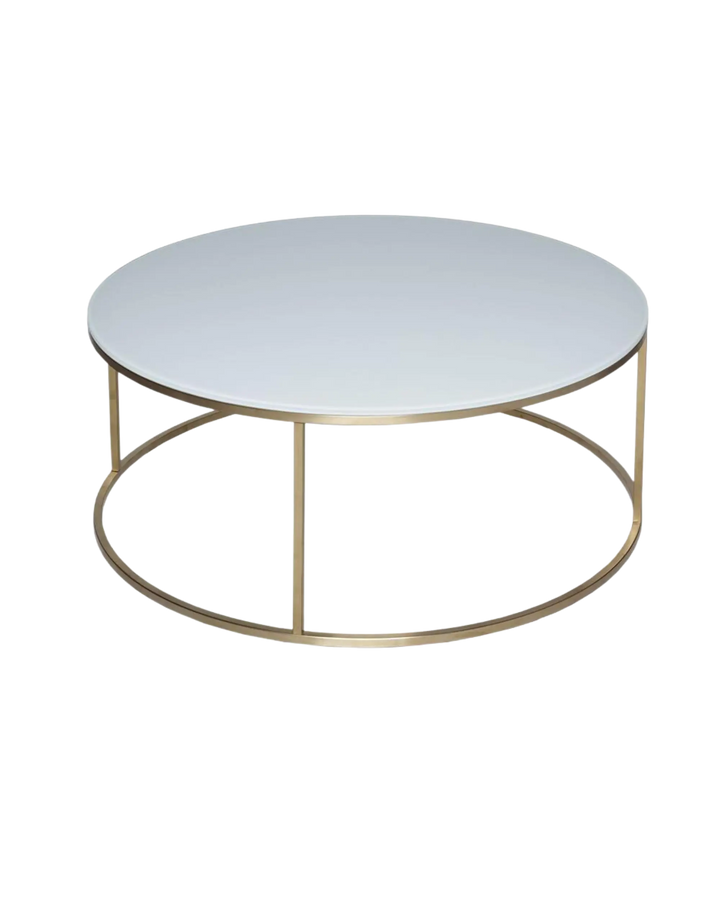 Kensal Circular Coffee Table - White Glass Top &amp; Brushed Brass Base Gillmore Space
