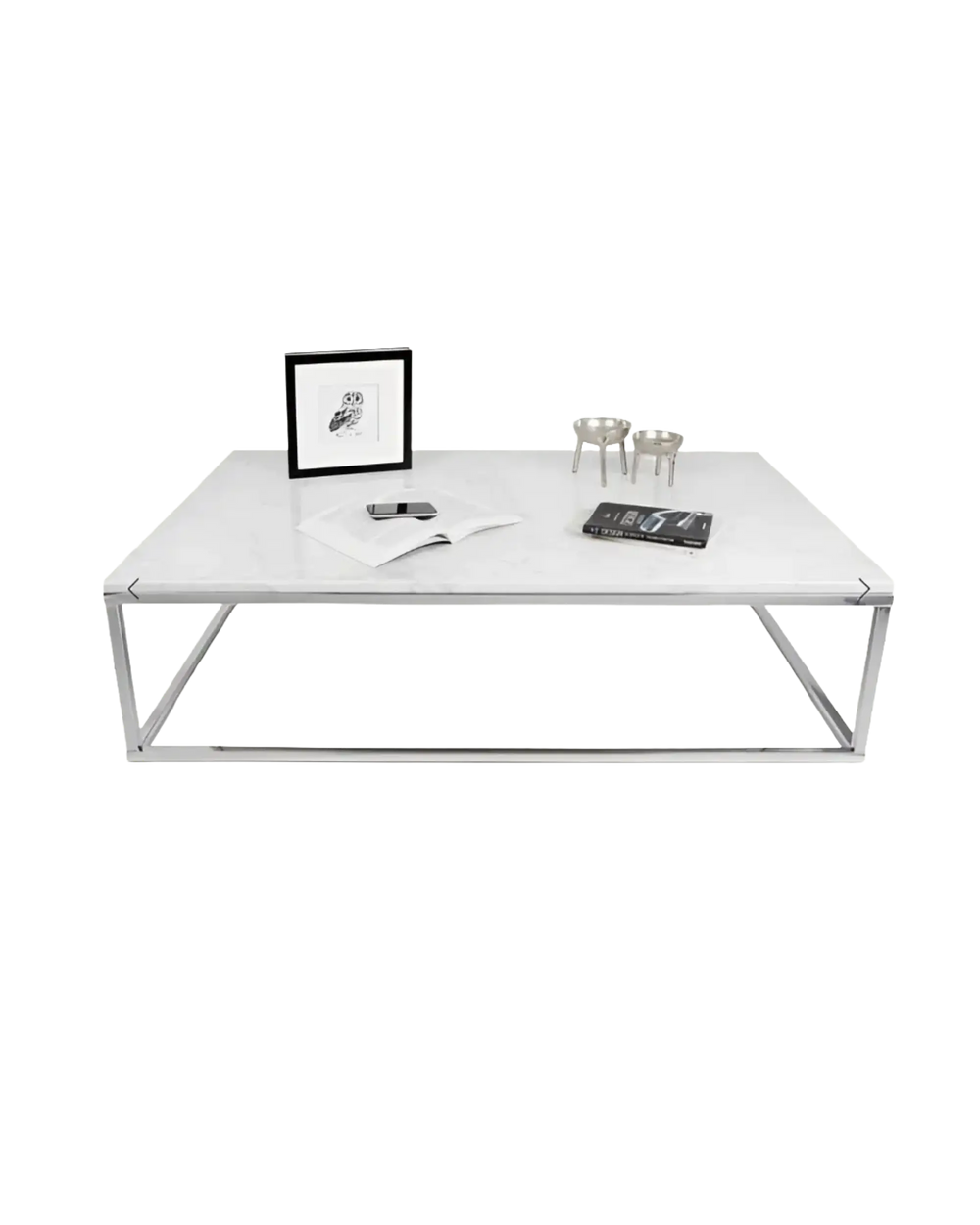 Prairie 120 Coffee Table White Carrara Marble with Chrome Feet Temahome