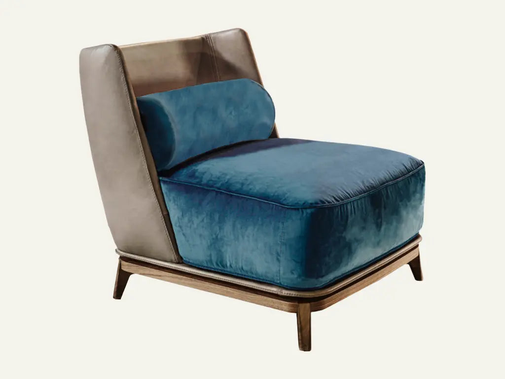 Accent chair Blue and brown with wooden base 