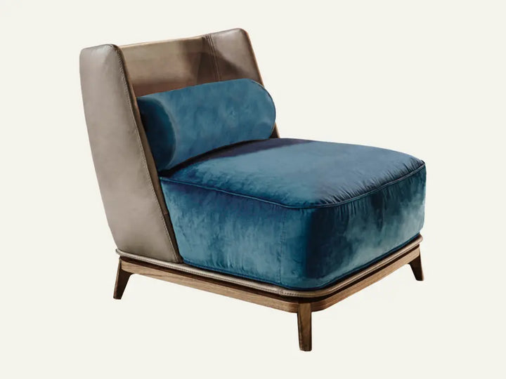 Accent chair Blue and brown with wooden base 
