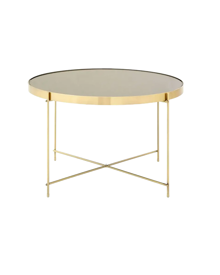 circular coffee table with gold base and black mirror