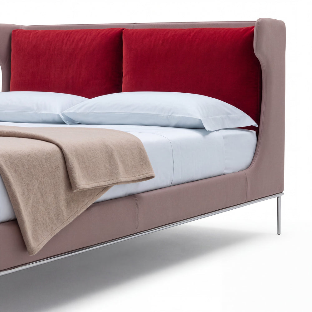 Indiga Furniture Alice bed featuring a taupe frame with vibrant red velvet headboard cushions and metal legs.