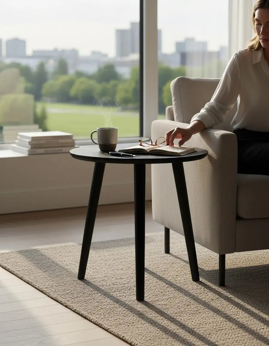 Indiga Furniture Doolin black round lamp table with three tapered legs, modern design.