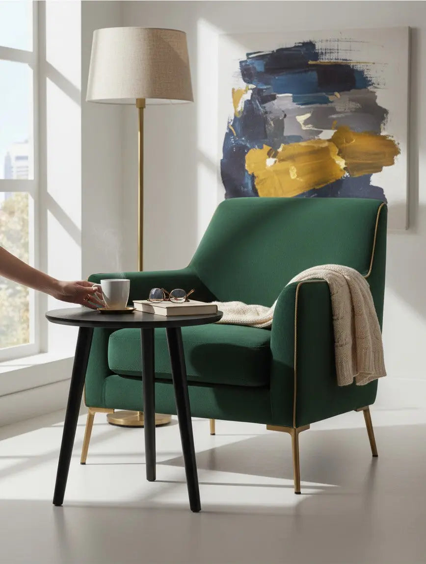 Indiga Furniture Doolin black round lamp table with three tapered legs, modern design.