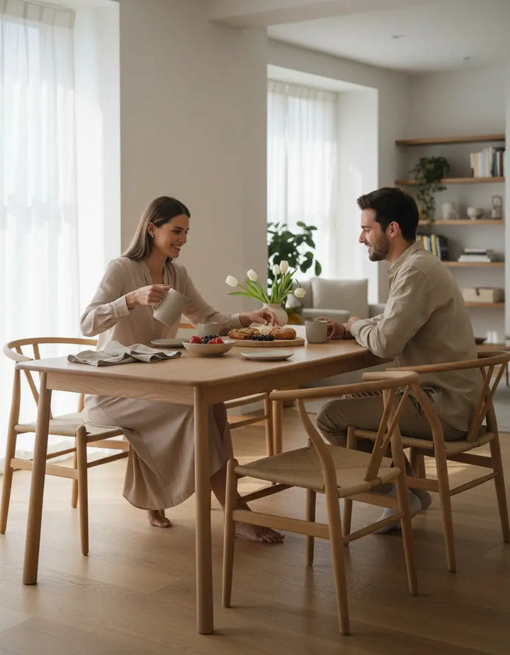 Indiga Furniture natural oak Wycombe 150 cm dining table with tapered legs, ideal for kitchens and dining rooms.